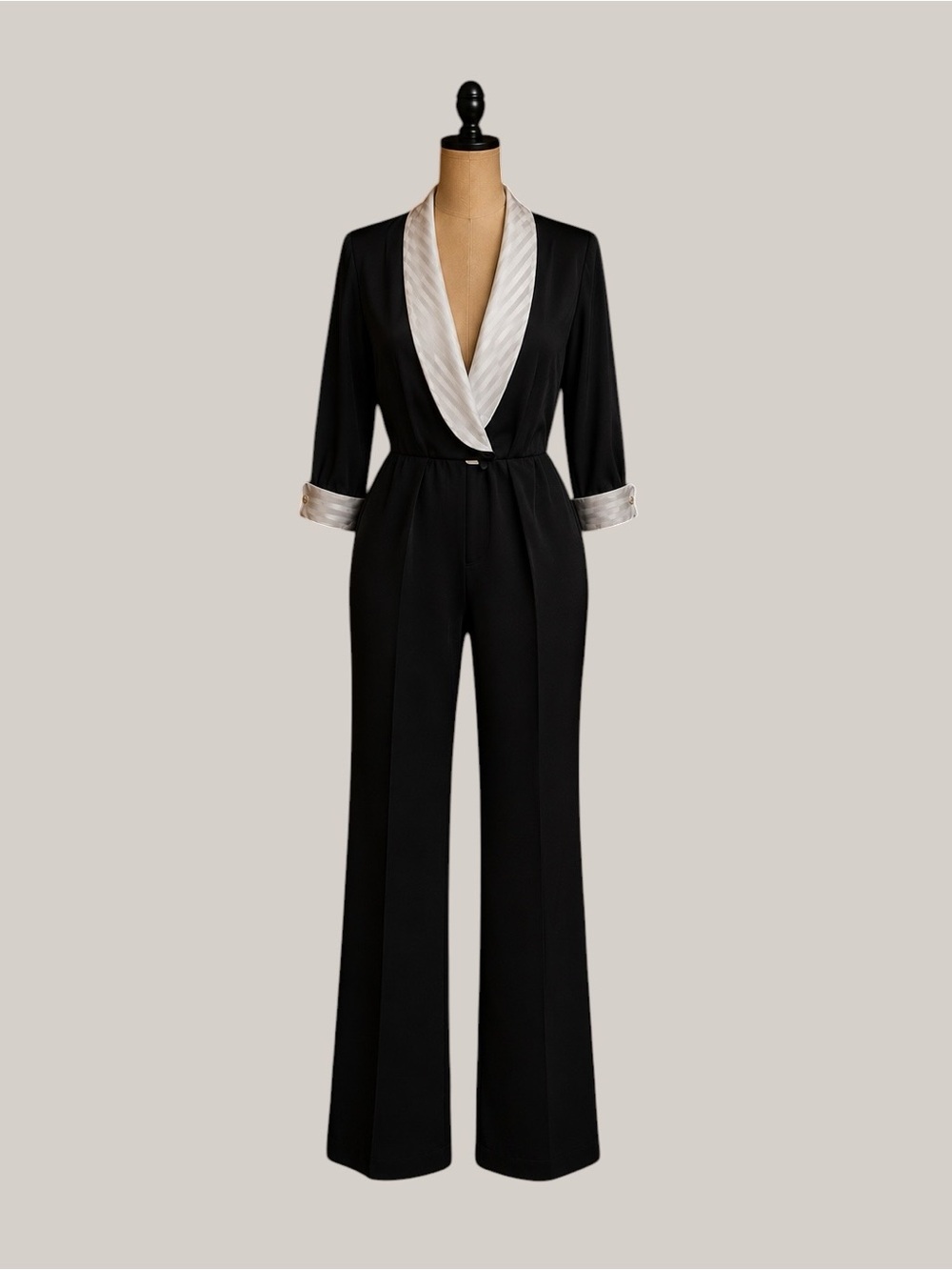 J.R. Nites 80s Vintage Black Wide Leg Jumpsuit with Satin Shawl Collar